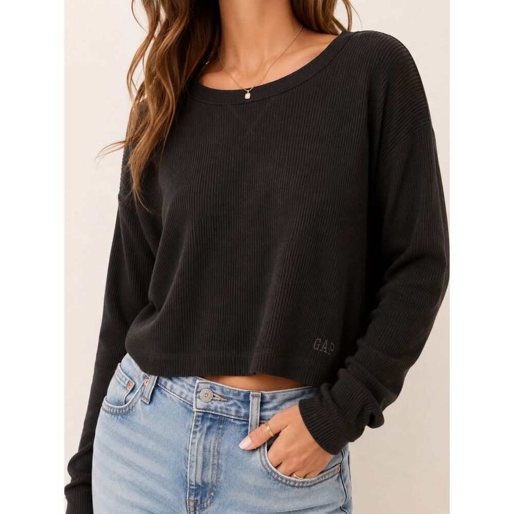 GapBody Black Ribbed‎ Thermal Pullover Top Women's Large Y2K Athleisure